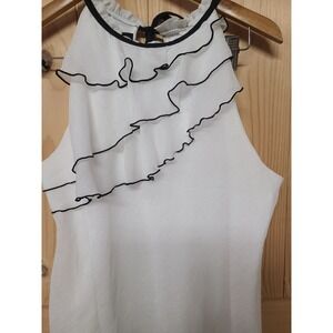 BCX Halter Top Women XL White Good Ruffle Tiered Black Trim Tie Neck Sleeveless